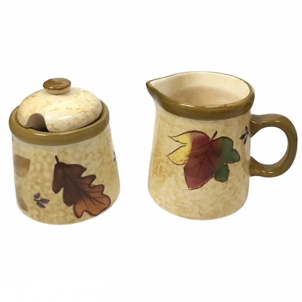 HARVEST Leaf Design Serving Set Thanksgiving Creamer Sugar Salt Pepper Ceramic